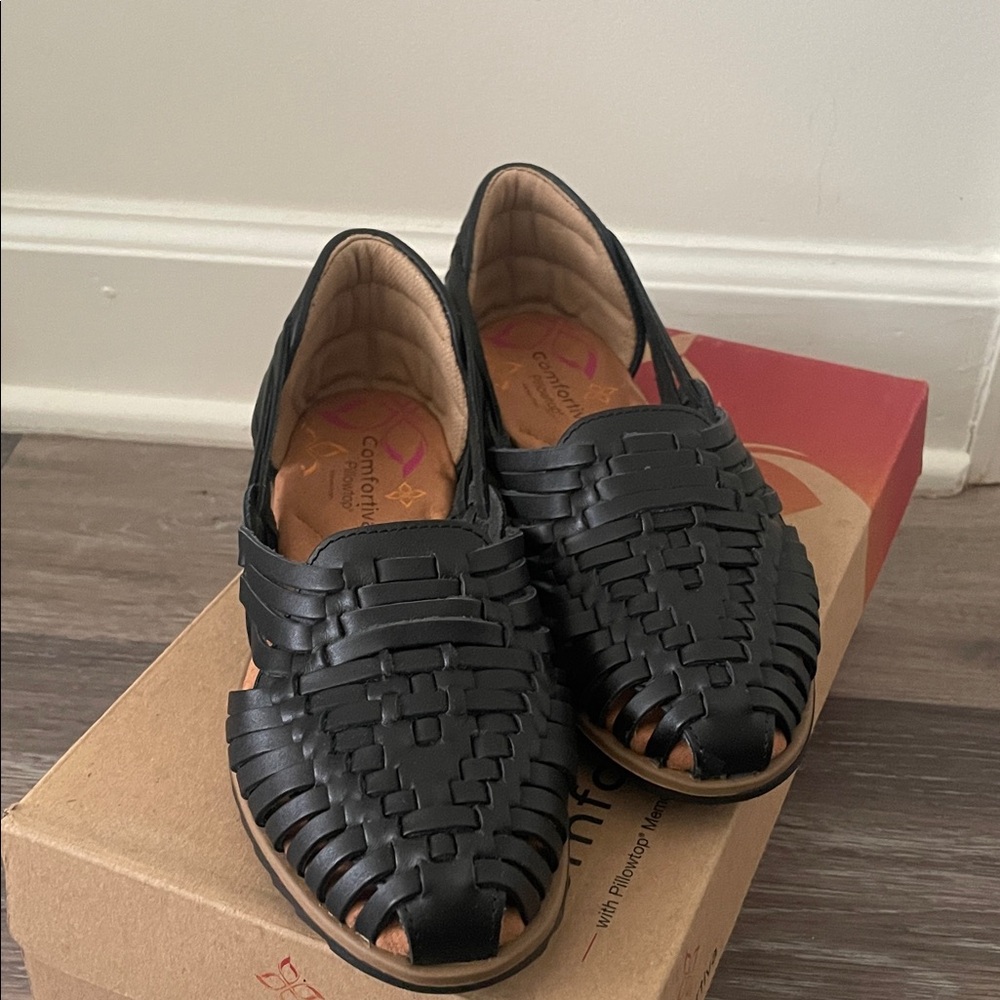 Comfortiva Black Woven Leather Slip-On Mules